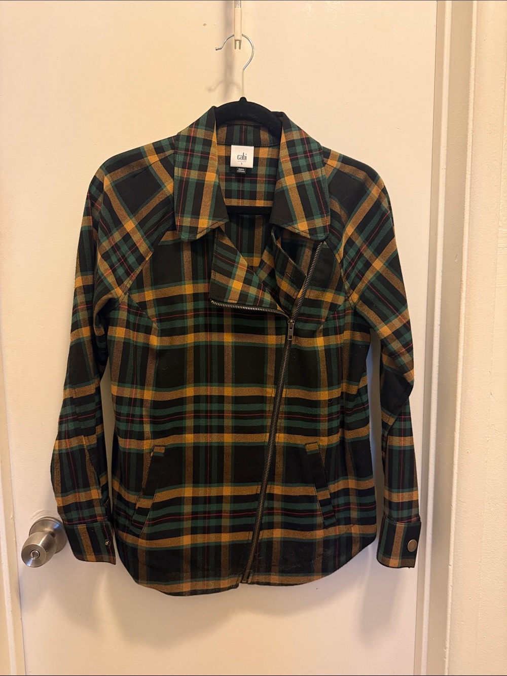 CAbi Plaid Leather-Trim Jacket - Green & Mustard